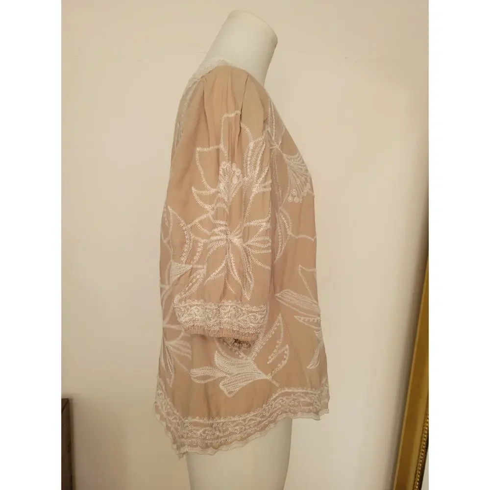 Cottage Garden Floral Embroidered Puff Sleeve Relaxed Fit Asymmetrical Blouse